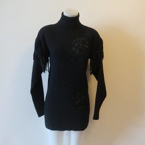 Womens GRS Black Knit Open Back Sequined Fringed Long Sleeve Turtleneck Dress M*